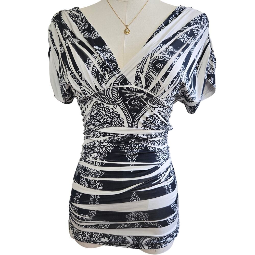 Contempo Womens Vintage 90s Boho Babydoll Side Ruched Paisley Going Out Top M